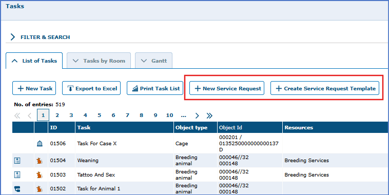 tick@lab Service Requests screen