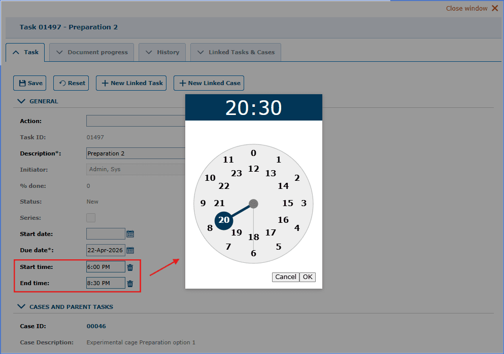 tick@lab Start and End Time screen